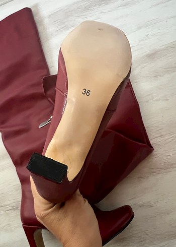 Bordo Deri Dizüstü Topuklu Kadın Çizme - Görsel 2
