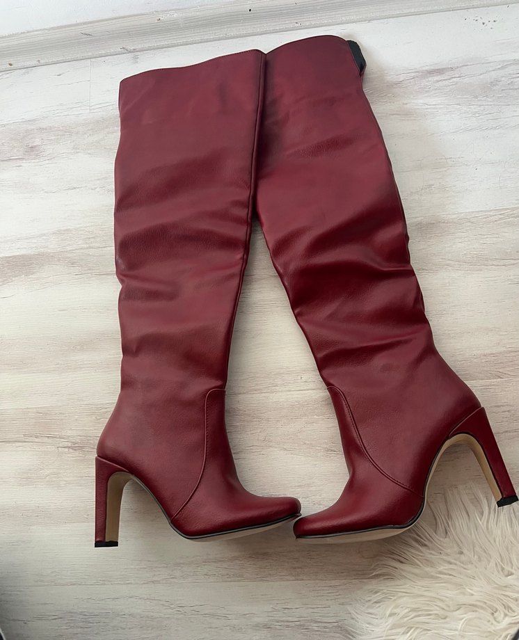 Bordo Deri Dizüstü Topuklu Kadın Çizme - Görsel 3