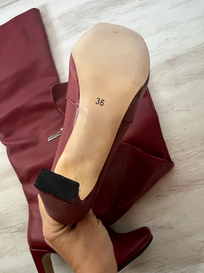 Bordo Deri Dizüstü Topuklu Kadın Çizme - Görsel 2