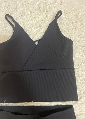 Siyah V Yaka İnce Askılı Spor Büstiyer tayt takım - Görsel 3