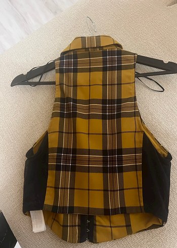 Sarı Ekose Düğmeli Kolsuz Kadın Yelek - Görsel 4
