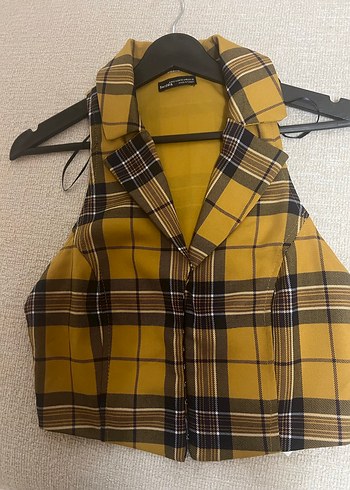 Sarı Ekose Düğmeli Kolsuz Kadın Yelek - Görsel 2