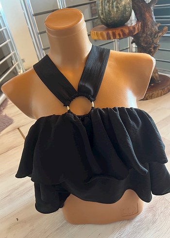 s Beden Siyah Mini Halter Yaka Fırfırlı Bustiyer