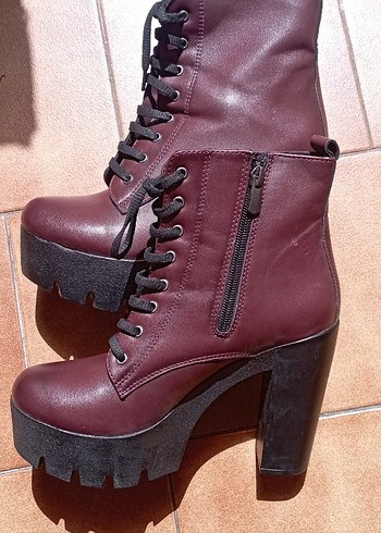 Bordo Deri Gotik Platform Topuklu Bot