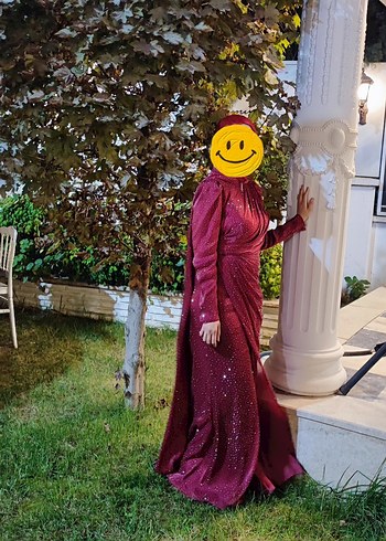 Hennin Tesettür Abiye 
Bordo Drapeli Uzun Kollu Kadın Elbise - Görsel 3