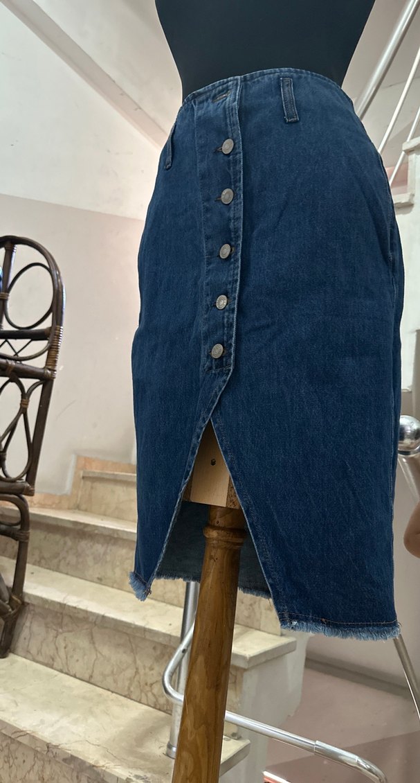 Düğmeli Mavi Denim Midi Etek - Görsel 2