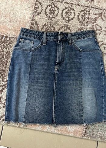 Füme Detaylı Mavi Denim Mini Etek