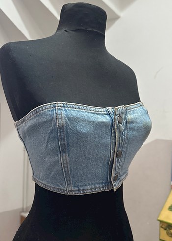 Düğmeli Kot Straplez Mini Bustiyer