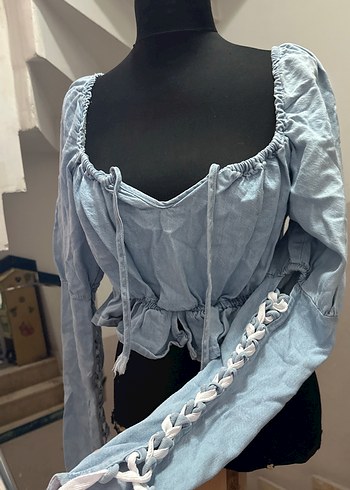 Gri V Yaka Uzun Kollu Mini Denim Bluz - Görsel 5