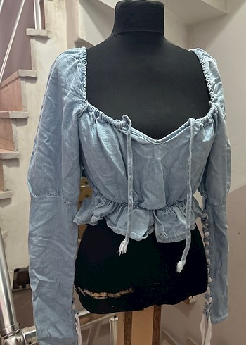 Gri V Yaka Uzun Kollu Mini Denim Bluz