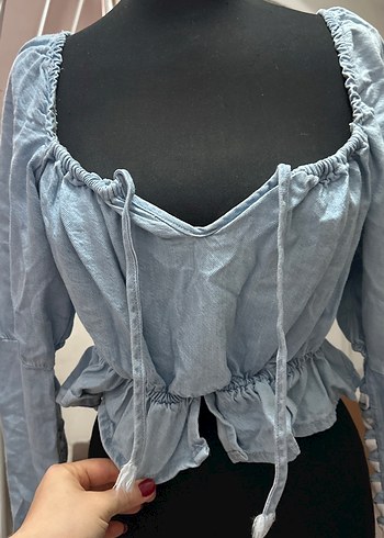 s Beden Gri V Yaka Uzun Kollu Mini Denim Bluz