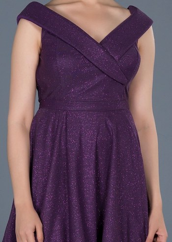 Mor V Yakalı Drapeli Midi Abiye Elbise - Görsel 2