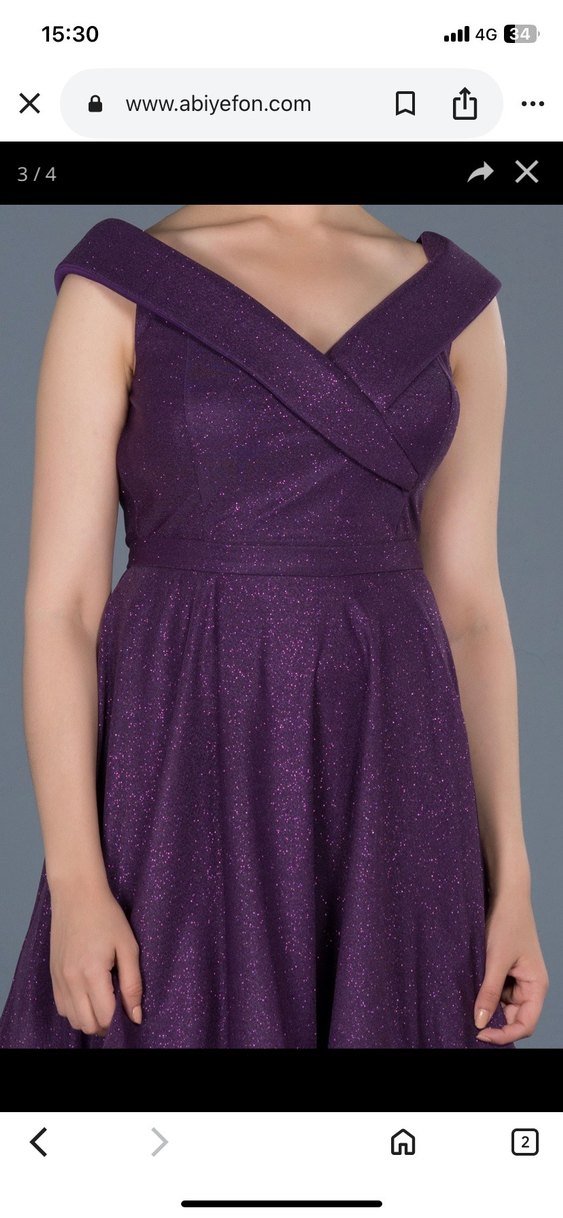 Mor V Yakalı Drapeli Midi Abiye Elbise - Görsel 2