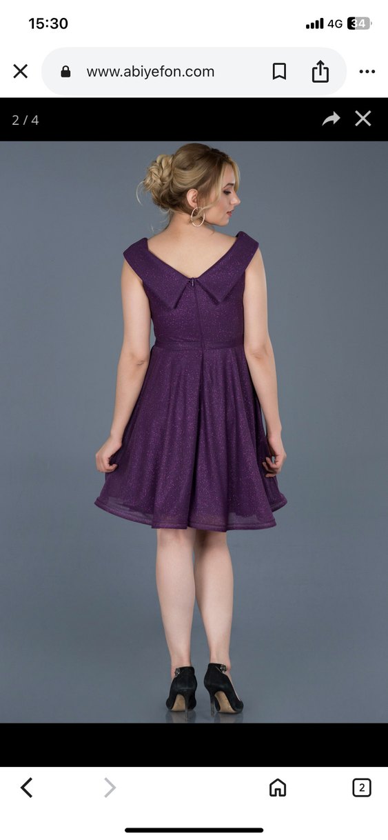 Mor V Yakalı Drapeli Midi Abiye Elbise - Görsel 3