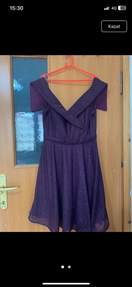 Mor V Yakalı Drapeli Midi Abiye Elbise - Görsel 4