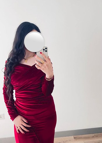 Bordo V Yaka Drapeli Abiye Elbise