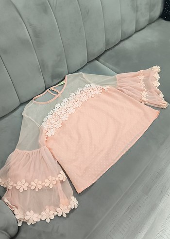 Diğer Dantel Detaylı Pembe Mini Bohem Bluz