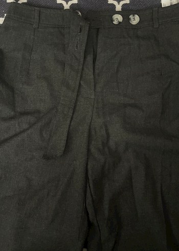 Gri Düğmeli Keten Kadın Pantolon - Görsel 2