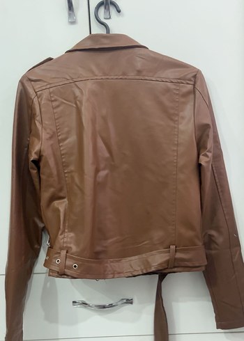 Kahverengi Kemerli Kısa Deri Biker Ceket - Görsel 5