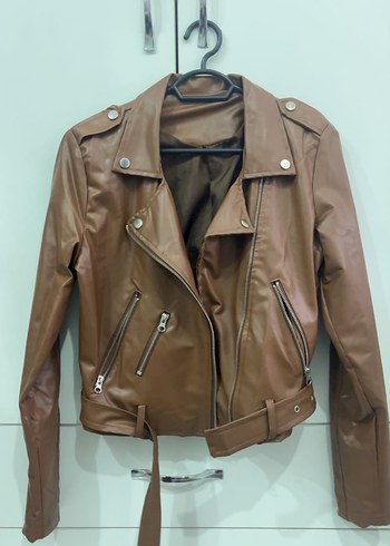 Kahverengi Kemerli Kısa Deri Biker Ceket - Görsel 3