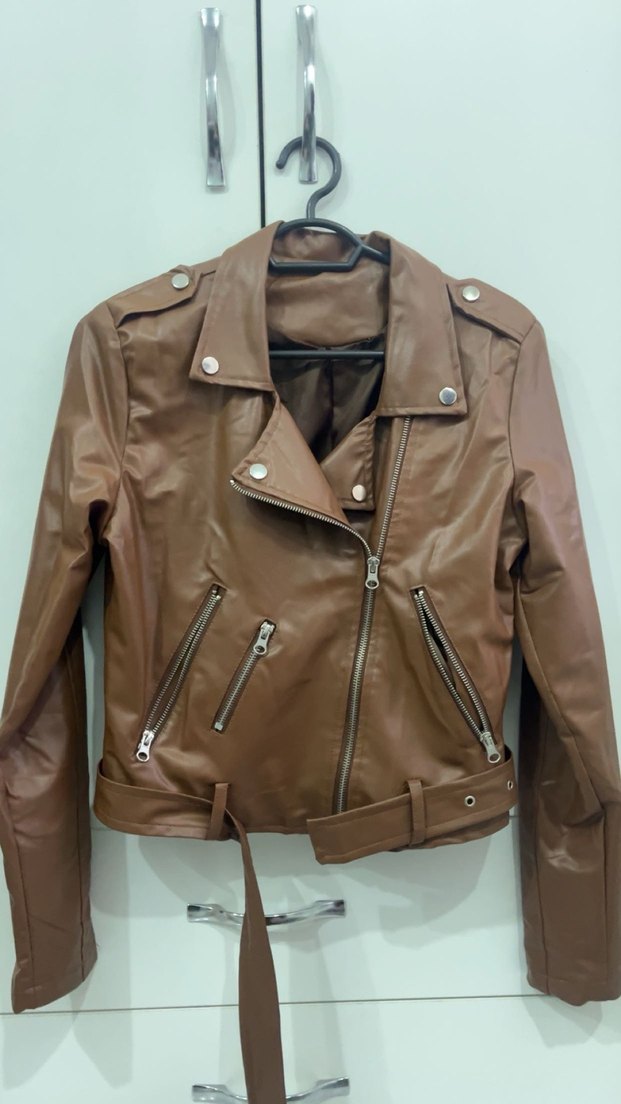 Kahverengi Kemerli Kısa Deri Biker Ceket - Görsel 2