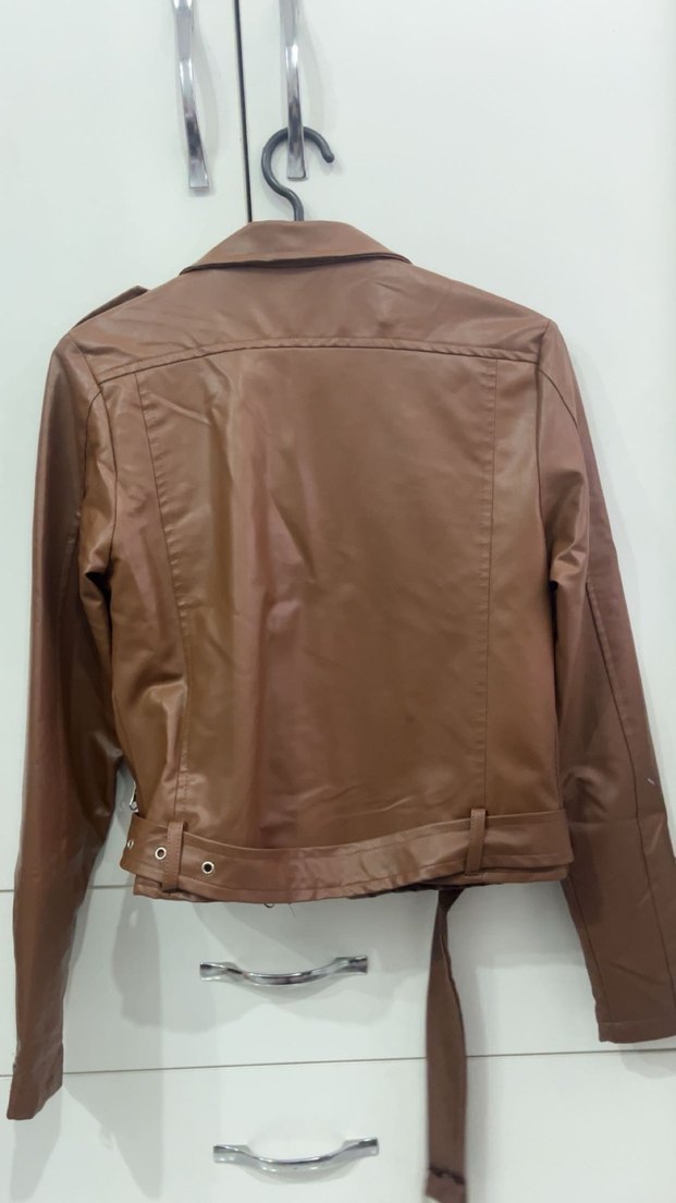 Kahverengi Kemerli Kısa Deri Biker Ceket - Görsel 5