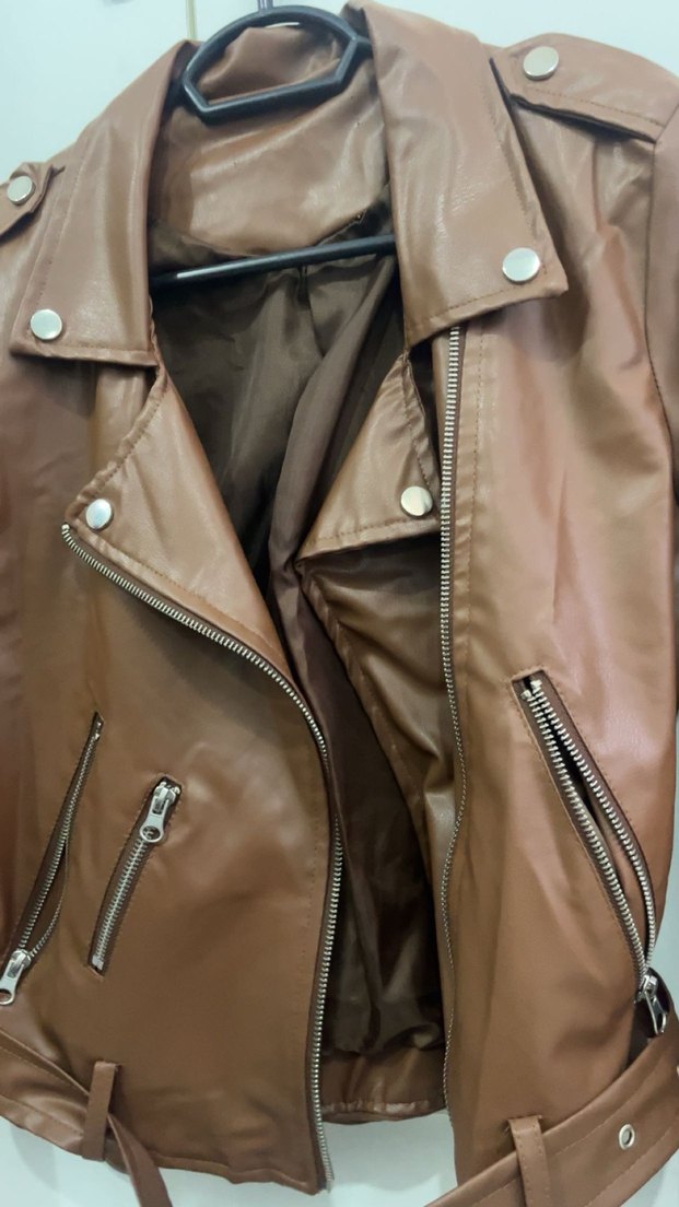 Kahverengi Kemerli Kısa Deri Biker Ceket - Görsel 4