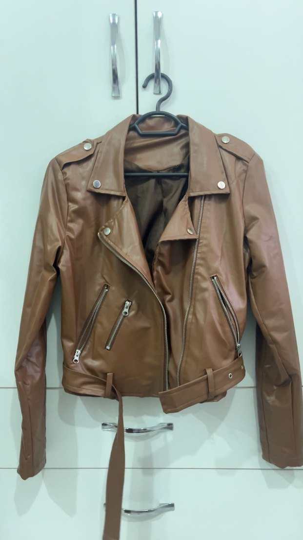 Kahverengi Kemerli Kısa Deri Biker Ceket - Görsel 3