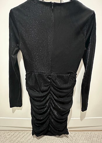 Siyah Parlak Midi V Yaka Drapeli Elbise - Görsel 6