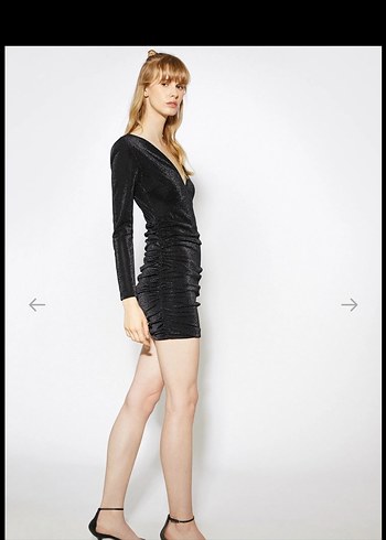 Siyah Parlak Midi V Yaka Drapeli Elbise - Görsel 2