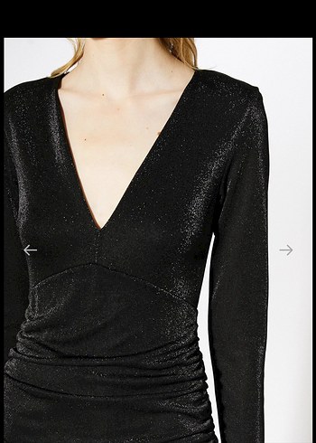 Siyah Parlak Midi V Yaka Drapeli Elbise - Görsel 4