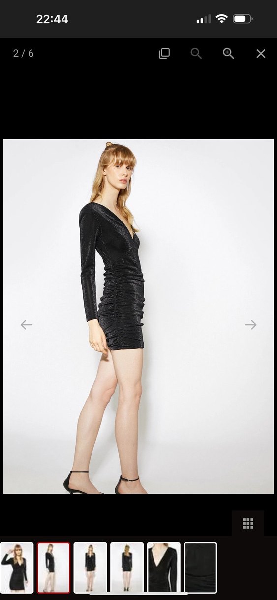 Siyah Parlak Midi V Yaka Drapeli Elbise - Görsel 2