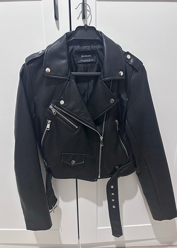 Stradivarius Siyah Kadın Deri Biker Ceket - Görsel 5