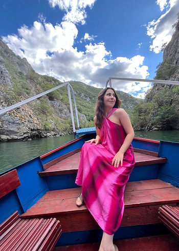 Pembe Drapeli Uzun İpek Elbise