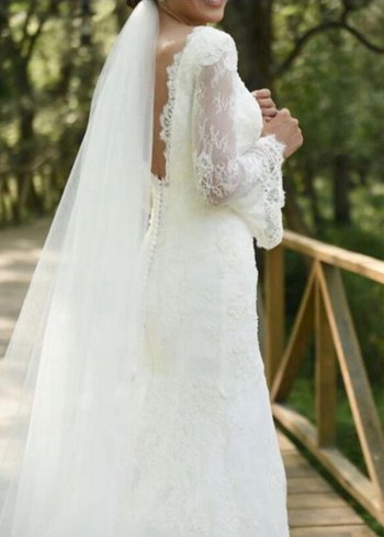 V Yaka Beyaz Uzun Kollu Denizkızı Gelinlik - Görsel 2