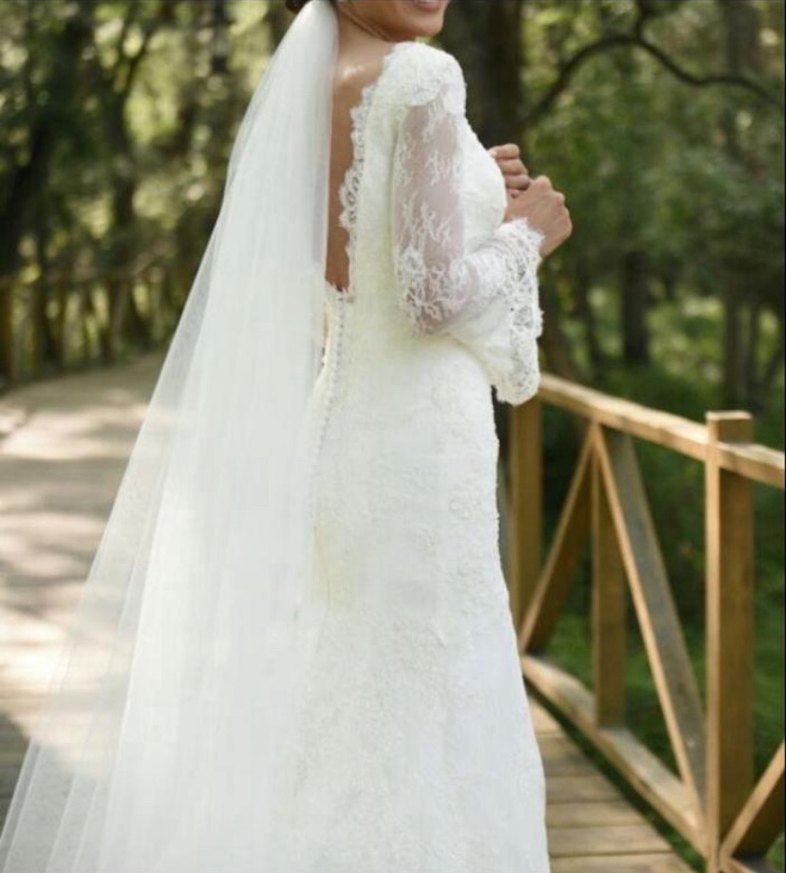 V Yaka Beyaz Uzun Kollu Denizkızı Gelinlik - Görsel 2