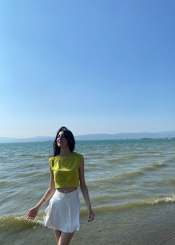 Sarı Transparan Bağlama Desenli Straplez Crop Top