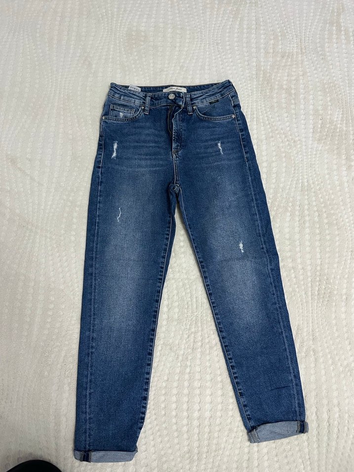 Kadın Mavi Denim Bol Kesim Midi Kot Pantolon - Görsel 2