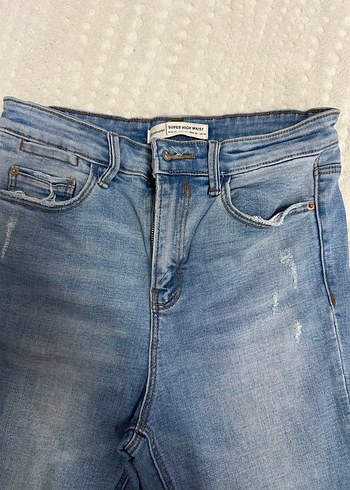 Düğmeli Mavi Kadın Denim Pantolon - Görsel 2