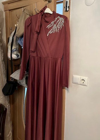 38 Beden Bordo Uzun Kollu Drapeli Abiye Elbise