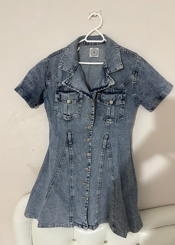 Düğmeli Gri Mavi Denim Midi Elbise