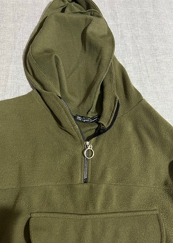 Kapüşonlu, Fermuarlı Haki Sweatshirt - Görsel 2