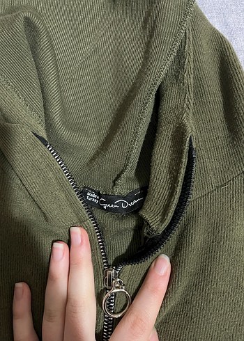 Kapüşonlu, Fermuarlı Haki Sweatshirt - Görsel 3