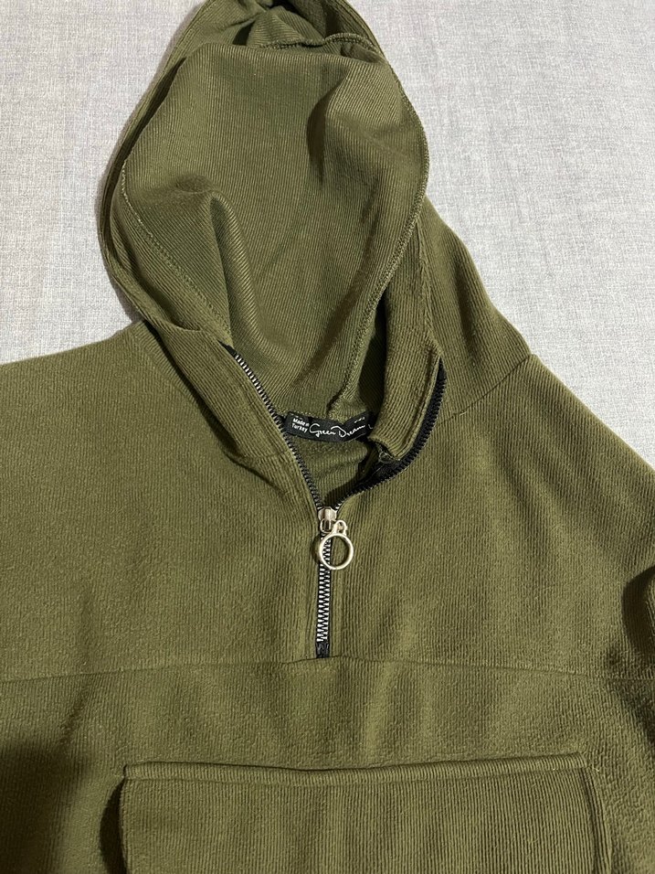 Kapüşonlu, Fermuarlı Haki Sweatshirt - Görsel 2