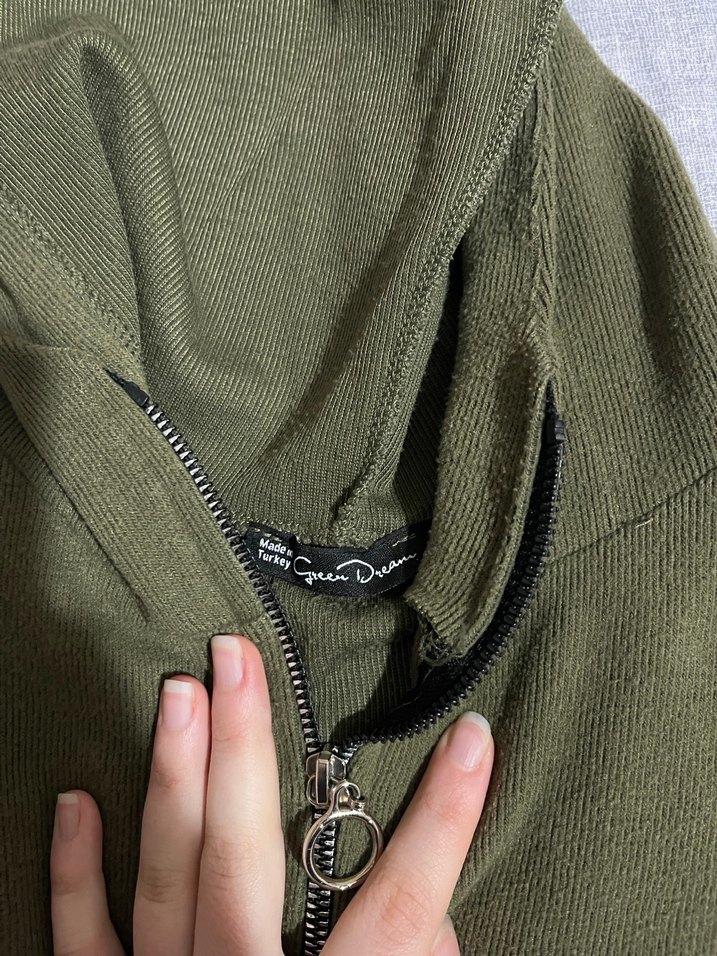 Kapüşonlu, Fermuarlı Haki Sweatshirt - Görsel 3