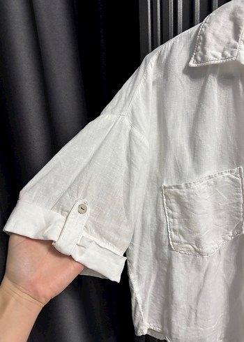 Zara Düğmeli Kısa Kollu Beyaz Keten Gömlek - Görsel 3