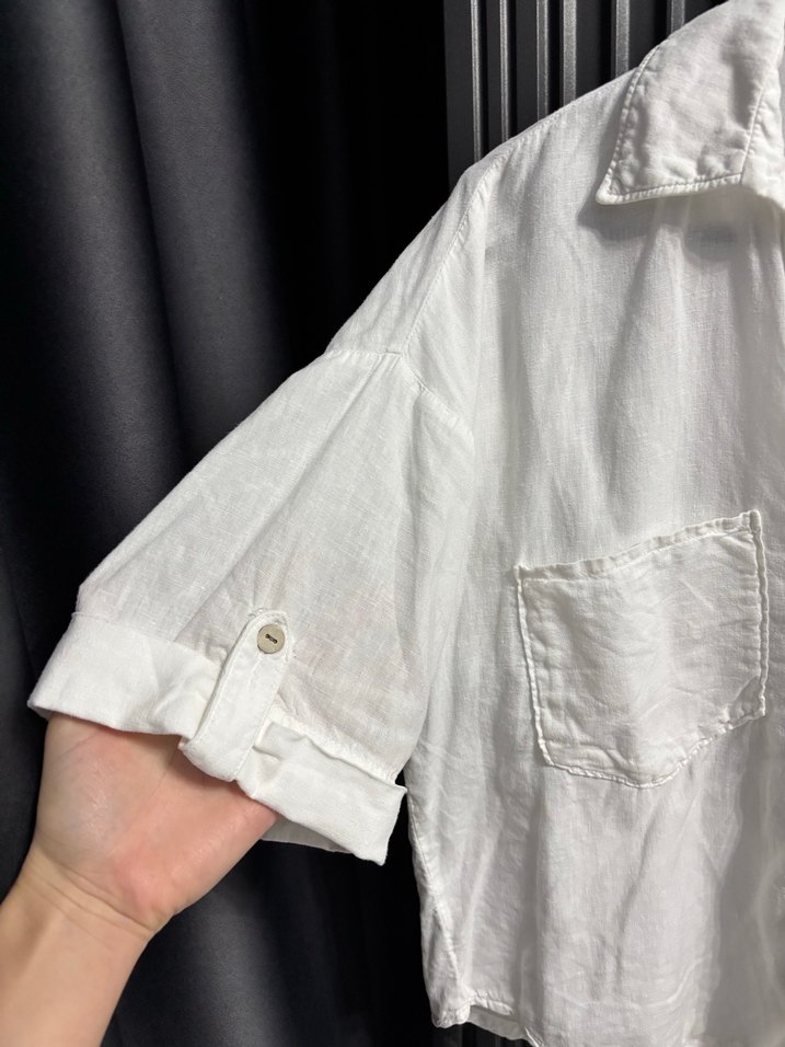 Zara Düğmeli Kısa Kollu Beyaz Keten Gömlek - Görsel 3