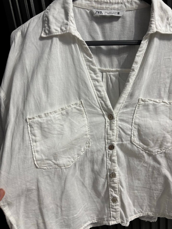 Zara Düğmeli Kısa Kollu Beyaz Keten Gömlek - Görsel 2