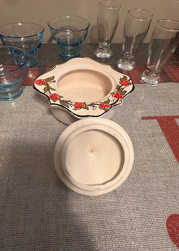 Çiçek Desenli Seramik Mumluk ve Cam Bardak ve kase - Görsel 3