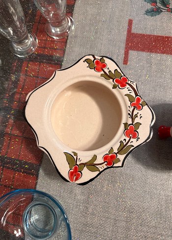 Çiçek Desenli Seramik Mumluk ve Cam Bardak ve kase - Görsel 2